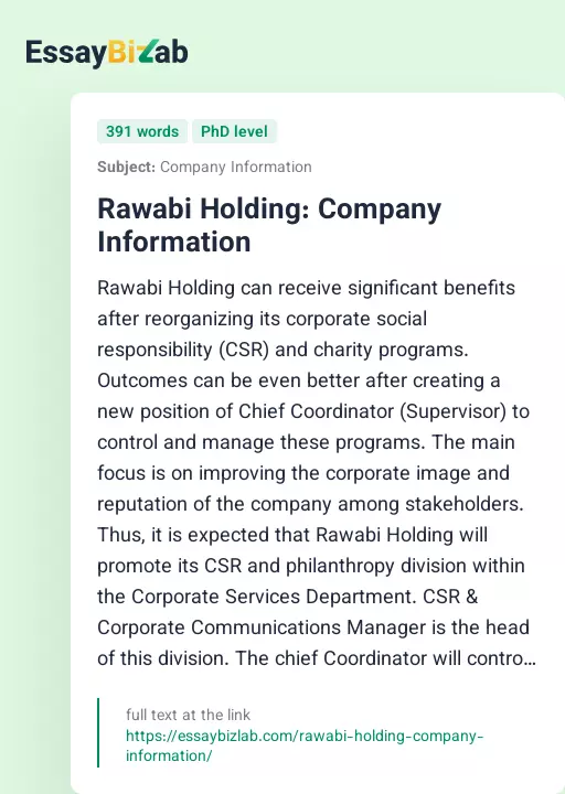 Rawabi Holding: Company Information - Essay Preview