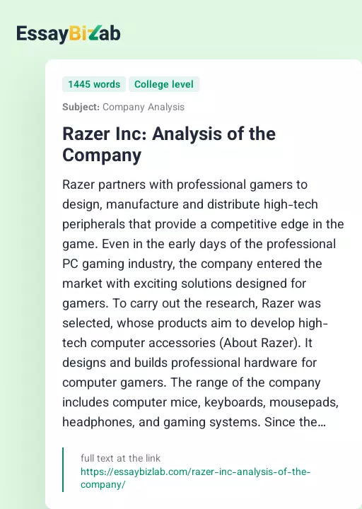 Razer Inc: Analysis of the Company - Essay Preview