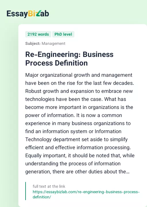 Re-Engineering: Business Process Definition - Essay Preview