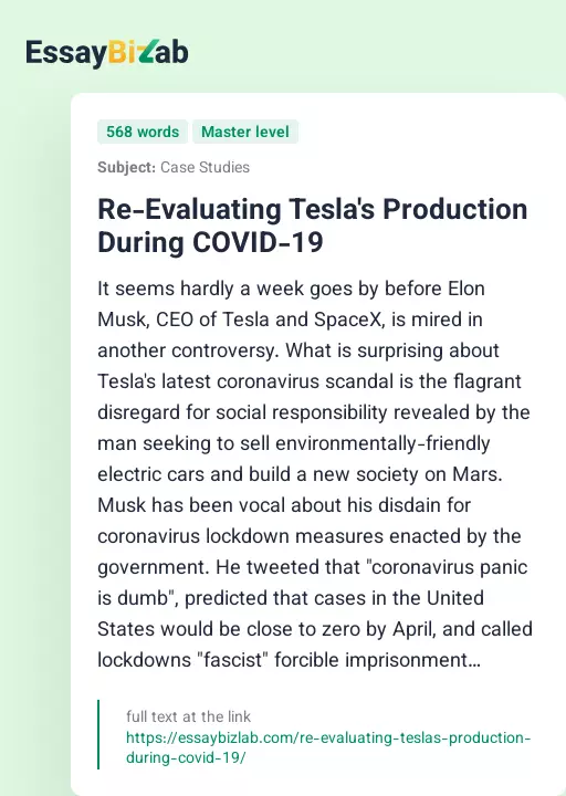 Re-Evaluating Tesla's Production During COVID-19 - Essay Preview