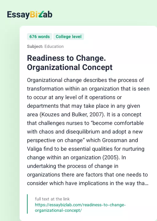 Readiness to Change. Organizational Concept - Essay Preview