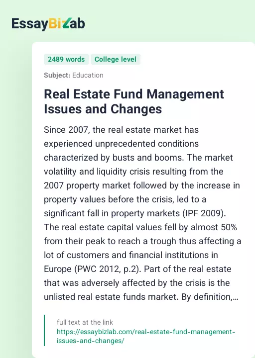 Real Estate Fund Management Issues and Changes - Essay Preview