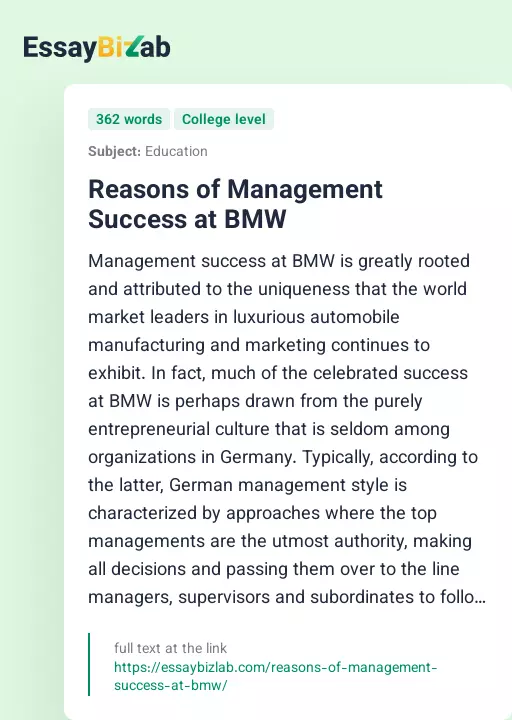 Reasons of Management Success at BMW - Essay Preview