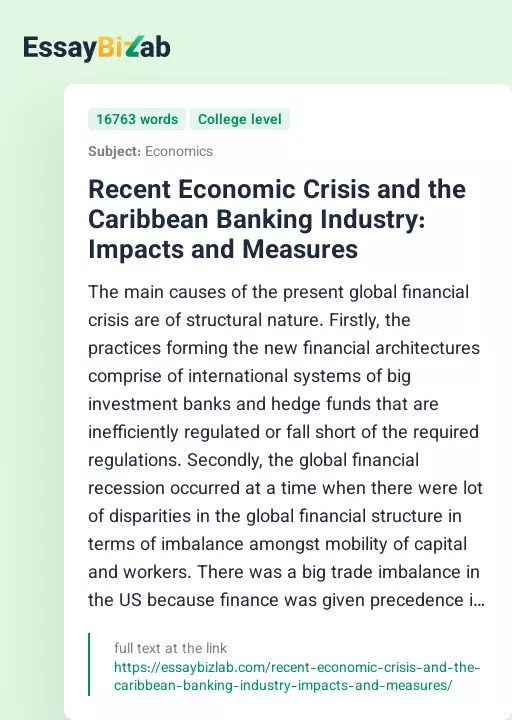 Recent Economic Crisis and the Caribbean Banking Industry: Impacts and Measures - Essay Preview