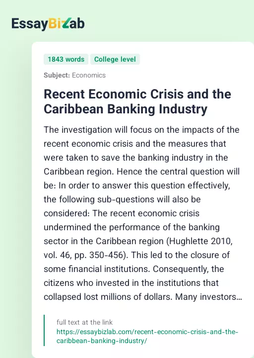 Recent Economic Crisis and the Caribbean Banking Industry - Essay Preview