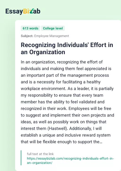 Recognizing Individuals' Effort in an Organization - Essay Preview
