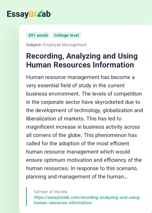 Recording, Analyzing and Using Human Resources Information - Essay Preview