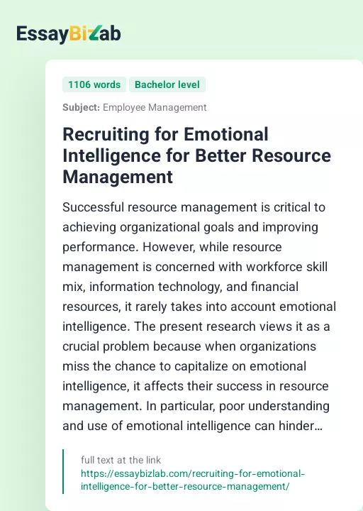 Recruiting for Emotional Intelligence for Better Resource Management - Essay Preview