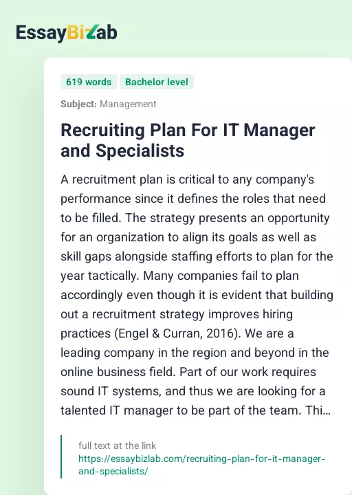 Recruiting Plan For IT Manager and Specialists - Essay Preview