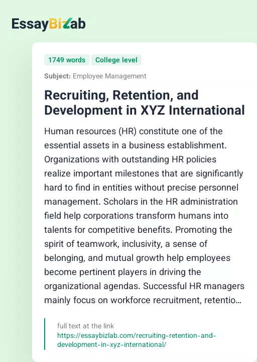 Recruiting, Retention, and Development in XYZ International - Essay Preview