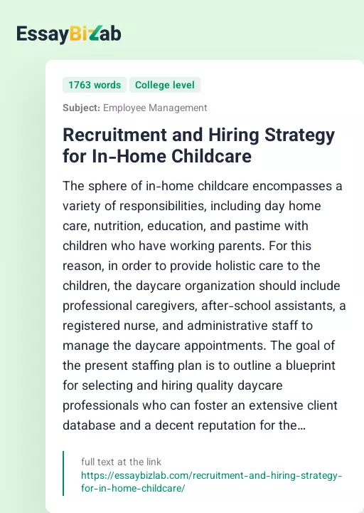 Recruitment and Hiring Strategy for In-Home Childcare - Essay Preview
