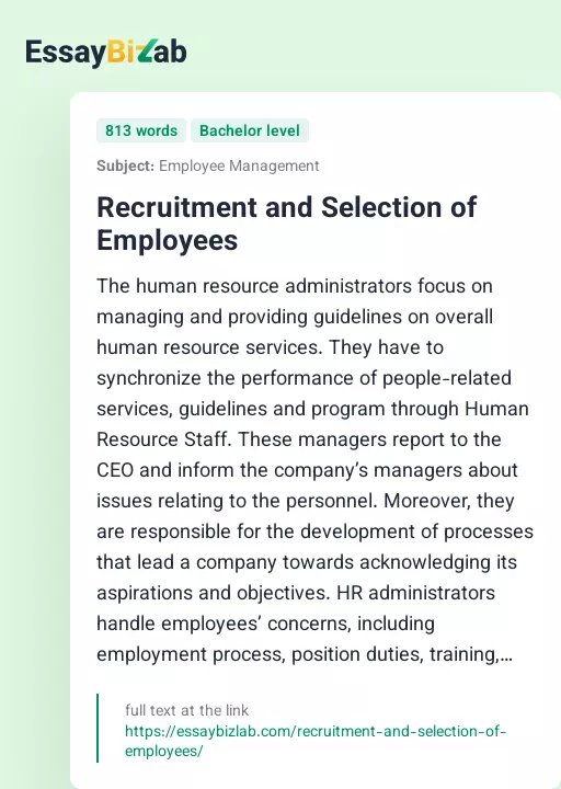 Recruitment and Selection of Employees - Essay Preview
