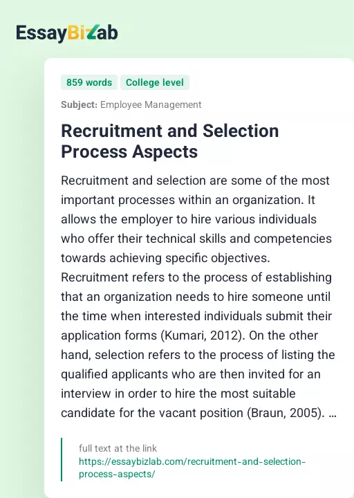 Recruitment and Selection Process Aspects - Essay Preview