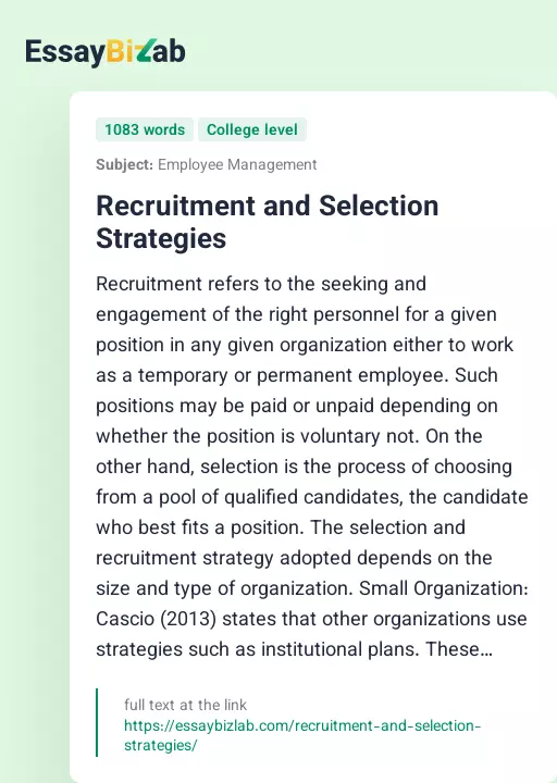 Recruitment and Selection Strategies - Essay Preview