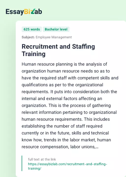 Recruitment and Staffing Training - Essay Preview