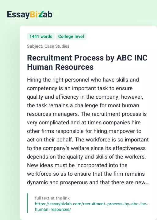 Recruitment Process by ABC INC Human Resources - Essay Preview