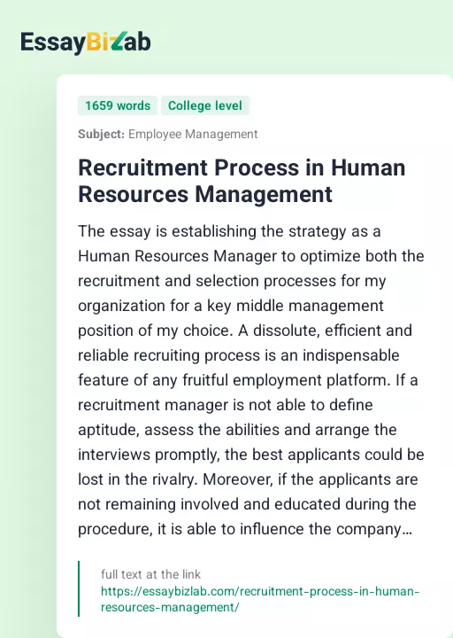 Recruitment Process in Human Resources Management - Essay Preview