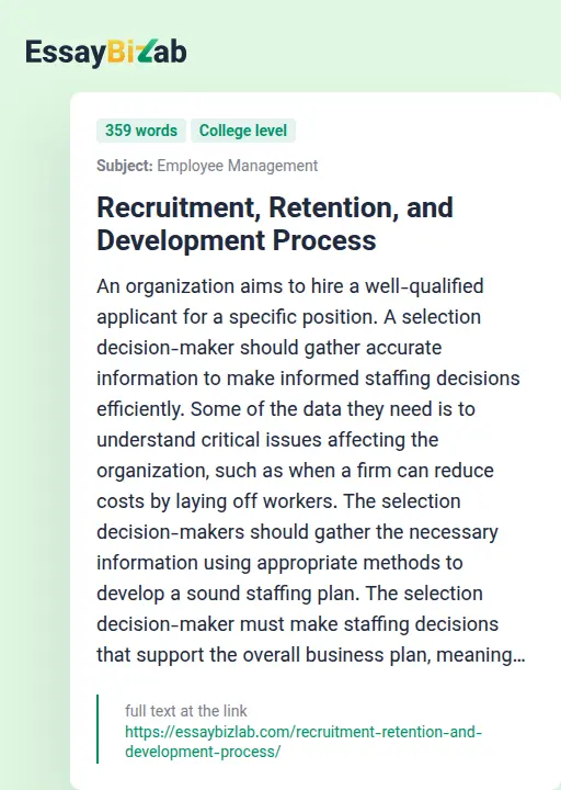 Recruitment, Retention, and Development Process - Essay Preview