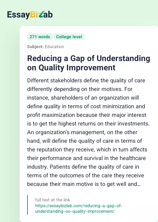 Reducing a Gap of Understanding on Quality Improvement - Essay Preview