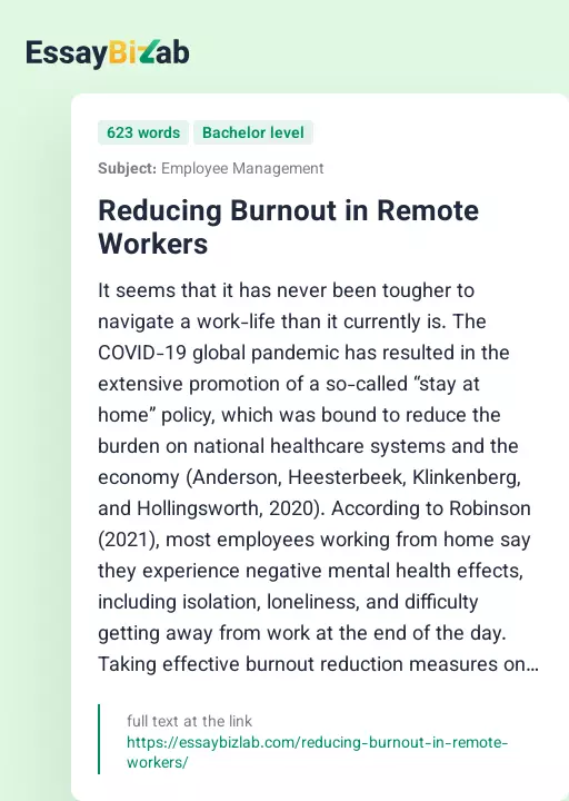 Reducing Burnout in Remote Workers - Essay Preview