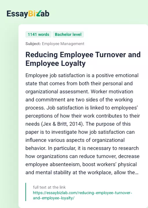 Reducing Employee Turnover and Employee Loyalty - Essay Preview