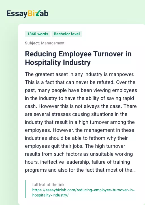 Reducing Employee Turnover in Hospitality Industry - Essay Preview