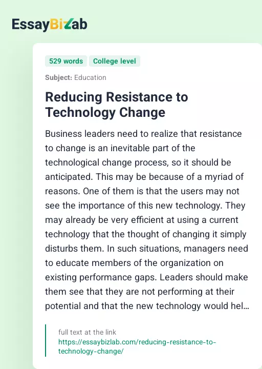 Reducing Resistance to Technology Change - Essay Preview