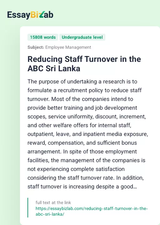 Reducing Staff Turnover in the ABC Sri Lanka - Essay Preview