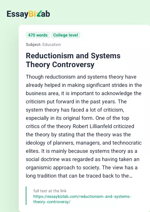 Reductionism and Systems Theory Controversy - Essay Preview