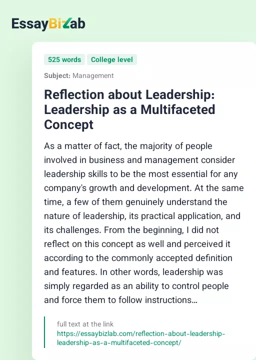 Reflection about Leadership: Leadership as a Multifaceted Concept - Essay Preview