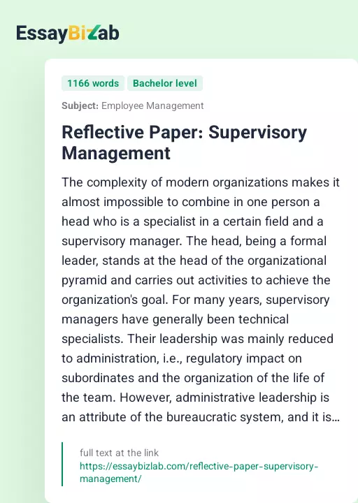 Reflective Paper: Supervisory Management - Essay Preview