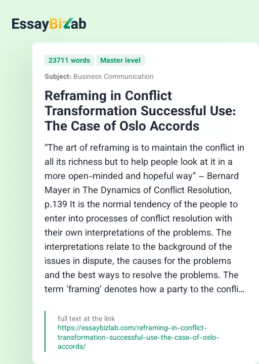 Reframing in Conflict Transformation Successful Use: The Case of Oslo Accords - Essay Preview