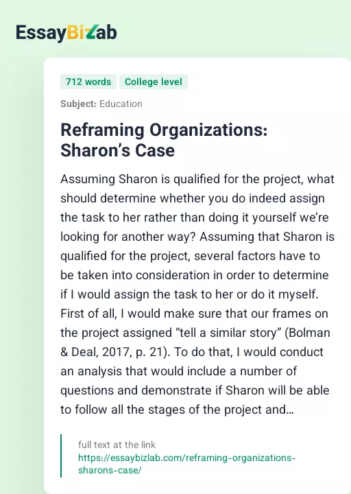 Reframing Organizations: Sharon’s Case - Essay Preview