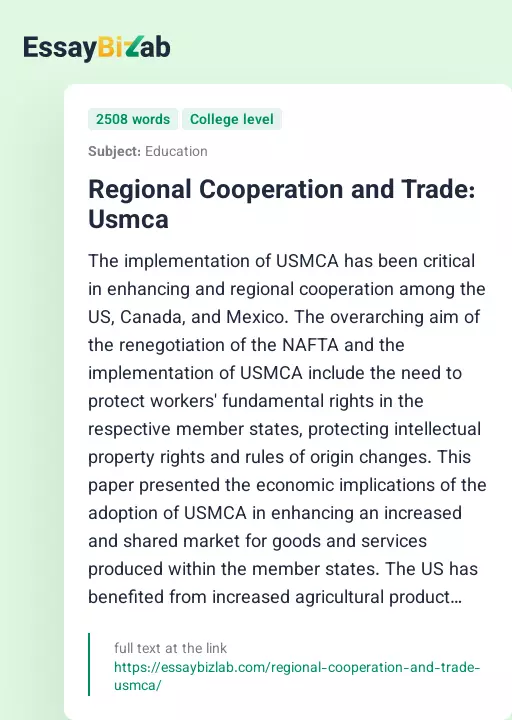 Regional Cooperation and Trade: Usmca - Essay Preview