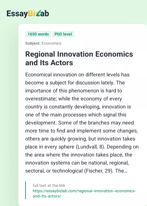Regional Innovation Economics and Its Actors - Essay Preview