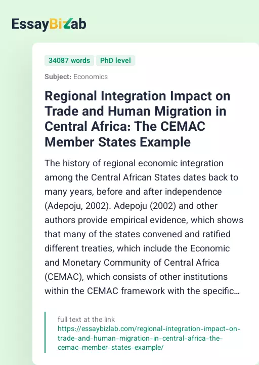 Regional Integration Impact on Trade and Human Migration in Central Africa: The CEMAC Member States Example - Essay Preview