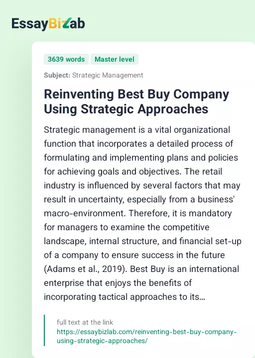 Reinventing Best Buy Company Using Strategic Approaches - Essay Preview