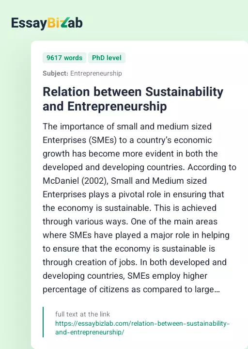 Relation between Sustainability and Entrepreneurship - Essay Preview