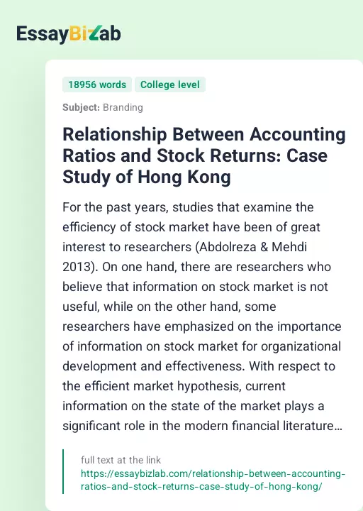 Relationship Between Accounting Ratios and Stock Returns: Case Study of Hong Kong - Essay Preview