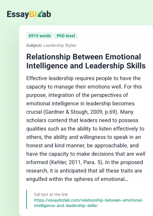 Relationship Between Emotional Intelligence and Leadership Skills - Essay Preview