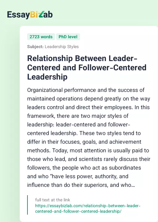 Relationship Between Leader-Centered and Follower-Centered Leadership - Essay Preview