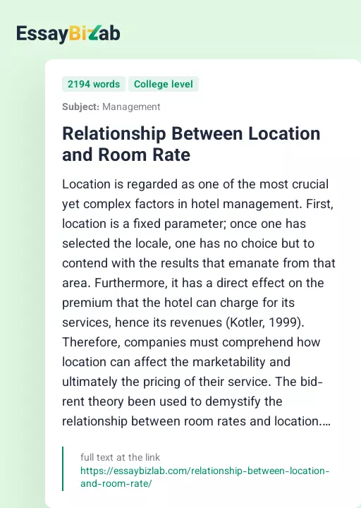 Relationship Between Location and Room Rate - Essay Preview