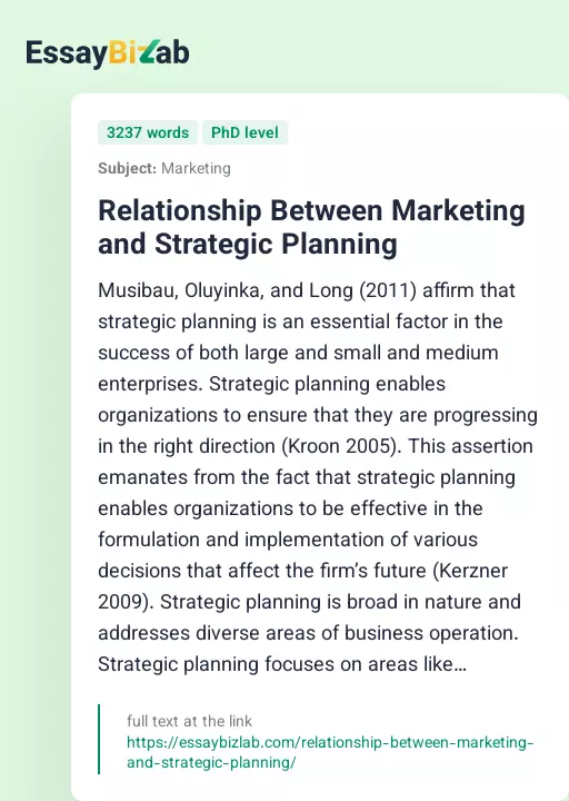 Relationship Between Marketing and Strategic Planning - Essay Preview