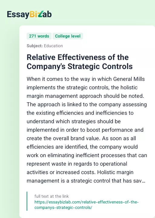 Relative Effectiveness of the Company's Strategic Controls - Essay Preview