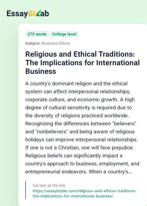 Religious and Ethical Traditions: The Implications for International Business - Essay Preview