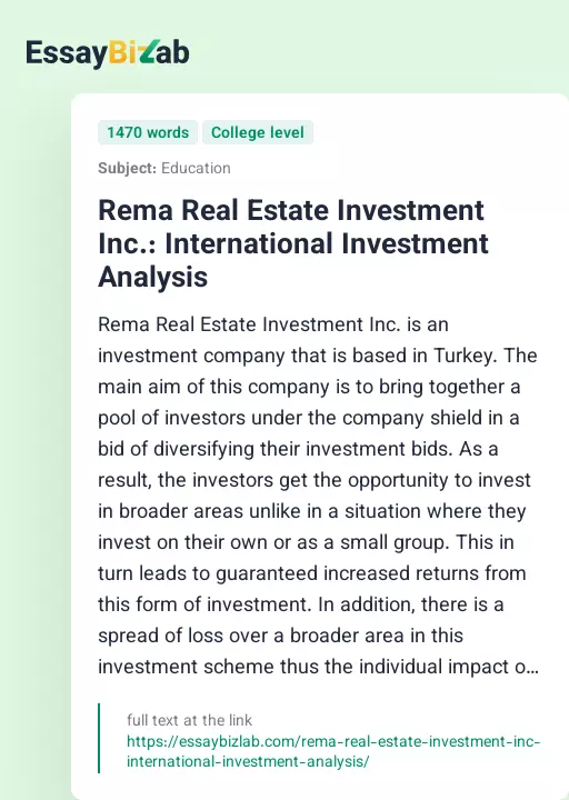 Rema Real Estate Investment Inc.: International Investment Analysis - Essay Preview