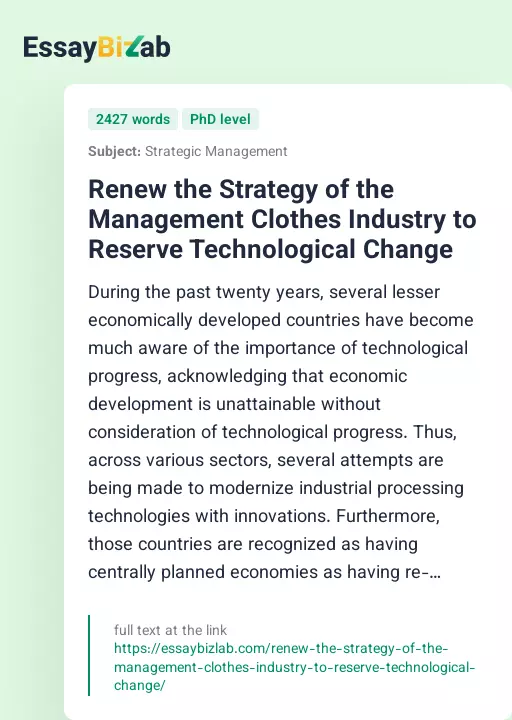 Renew the Strategy of the Management Clothes Industry to Reserve Technological Change - Essay Preview