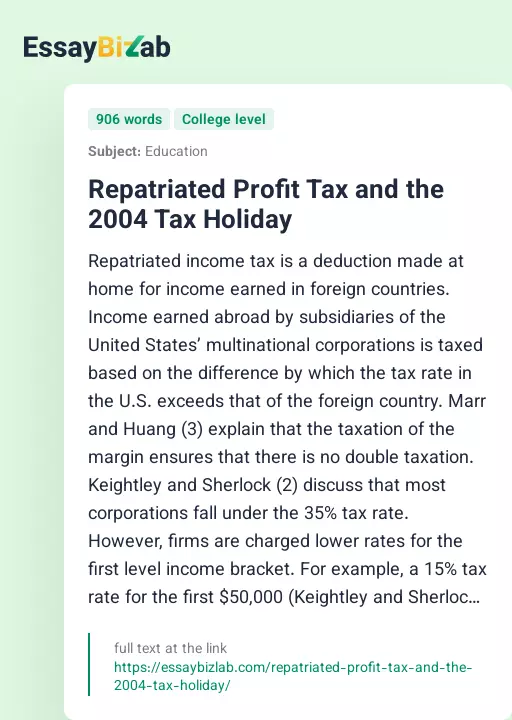 Repatriated Profit Tax and the 2004 Tax Holiday - Essay Preview