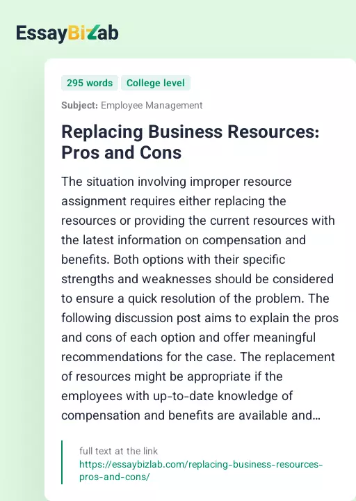 Replacing Business Resources: Pros and Cons - Essay Preview