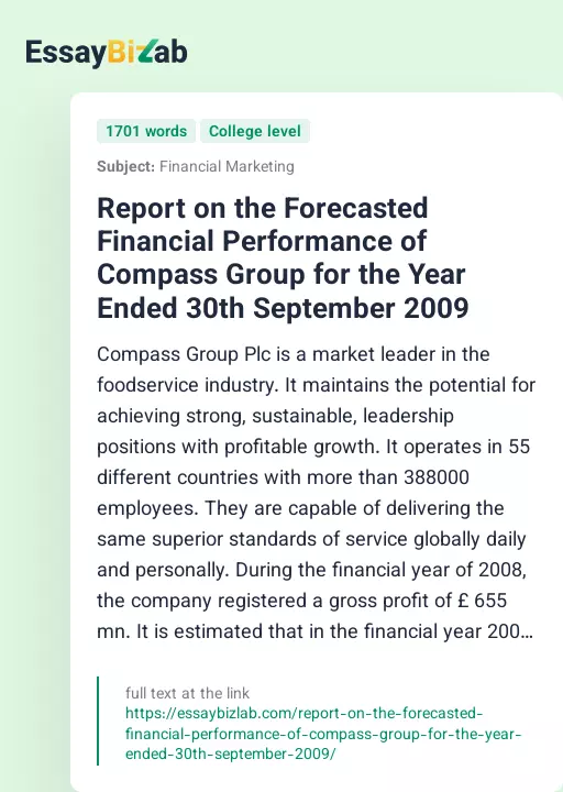 Report on the Forecasted Financial Performance of Compass Group for the Year Ended 30th September 2009 - Essay Preview